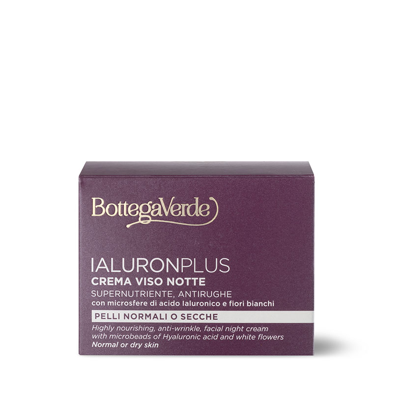 Ialuron Plus - Crema viso notte, supernutriente, antirughe, con microsfere di acido Ialuronico e Fiori bianchi (50 ml) - pelli nomali o secche
