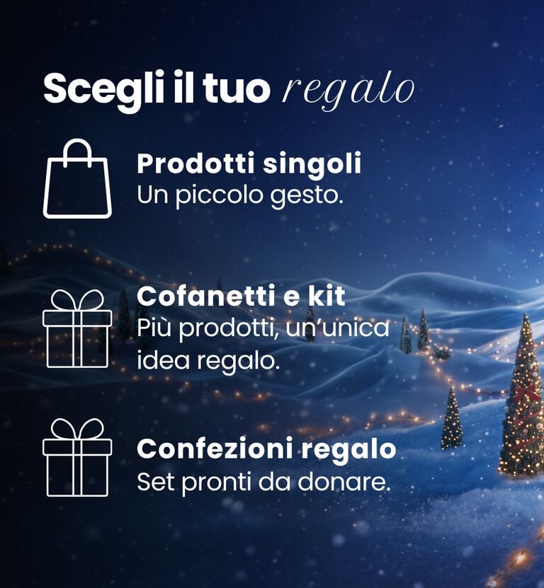 Cofanetti e confezioni regalo di Natale Bottega Verde: diffusore, kit bagno e set corpo su sfondo innevato