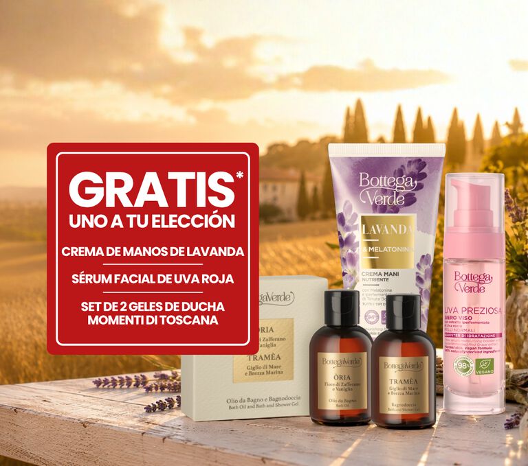 CREMA DE MANOS DE LAVANDA 75 ML GRATIS o SUERO FACIAL DE UVA ROJA 30 ML o KIT DE 2 GEL DE DUCHA MOMENTOS DE TOSCANA 50 ML C/U con un pedido m&iacute;nimo de 20 euros en total de productos