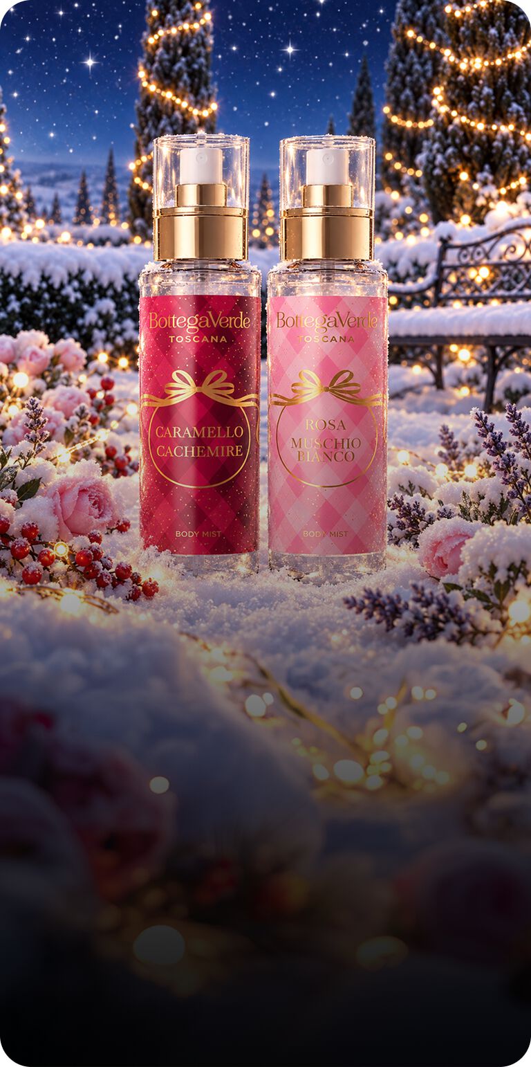 Due Body Mist di Natale Bottega Verde in edizione limitata: una al caramello e cachemire e una alla Rosa e Muschio Bianco