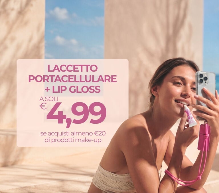 Se acquisti almeno 20&euro; di prodotti make-up, hai Laccetto portacellulare + gloss in vendita a &euro; 4,99