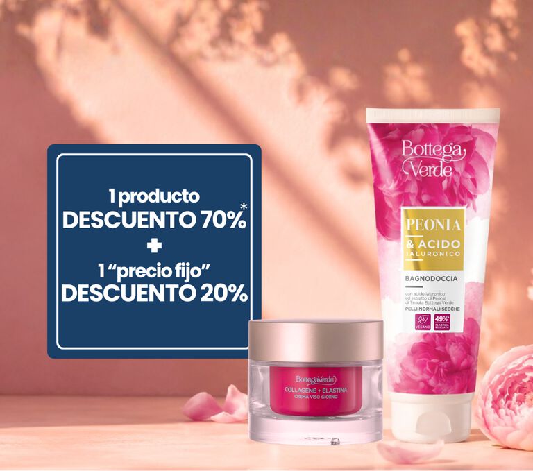 1 PRODUCTO DESCUENTO 70%* + 1 PRECIO FIJO DESCUENTO 20% Promo activa con pedido m&iacute;nimo de 20 euros a precio de lista *excluidos novedades y precios fijos. Los descuentos se aplican en el carrito a los productos con precio de lista m&aacute;s alto