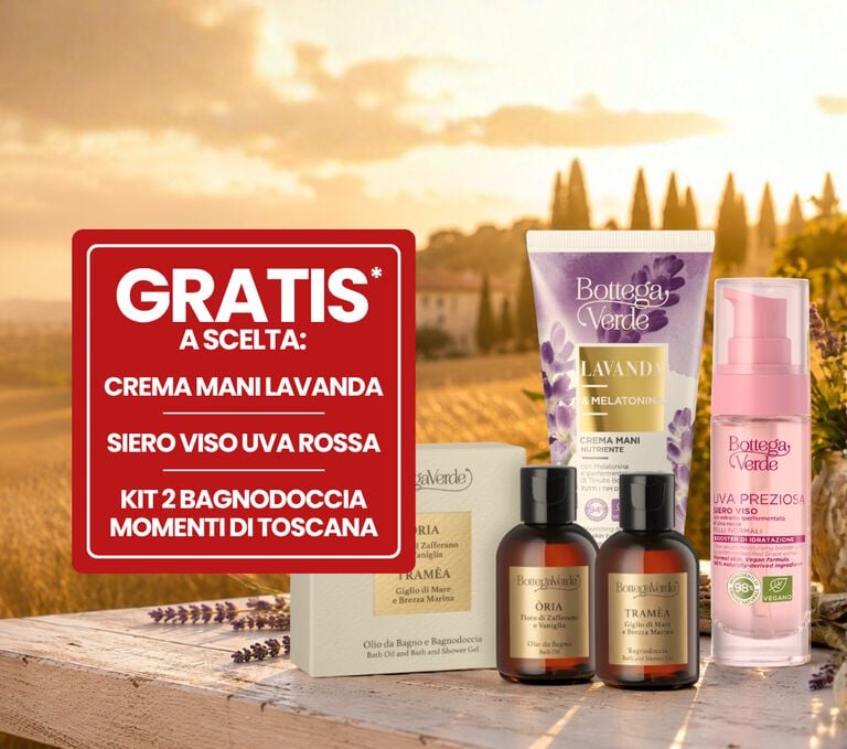 GRATIS CREMA MANI LAVANDA 75 ML o  SIERO VISO UVA ROSSA 30 ML o  KIT 2 BAGNODOCCIA MOMENTI DI TOSCANA 50 ML CAD con un ordine minimo di 20 euro totale prodotti