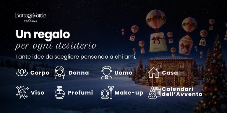Idee regalo di Natale Bottega Verde: borgo toscano innevato con mongolfiere che portano confezioni regalo