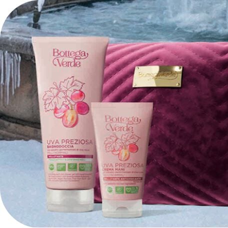 Prodotti Uva Preziosa Bottega Verde su sfondo invernale con confezione regalo