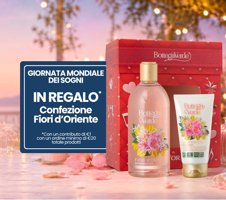 GIORNATA MONDIALE DEI SOGNI. SOLO OGGI UN REGALO DA SOGNO. IN REGALO contributo 1 euro la CONFEZIONE FIORI D'ORIENTE con un ordine minimo di 20 euro.