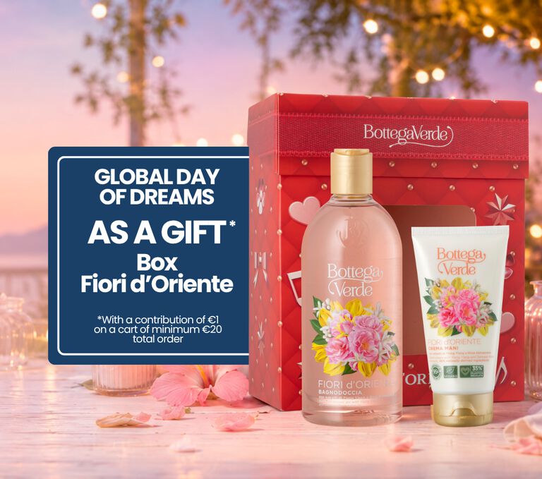 WORLD DREAM DAY. ONLY TODAY A DREAM GIFT. FREE 1 euro contribution to the ORIENTAL FLOWERS PACKAGE with a minimum order of 20 euros.