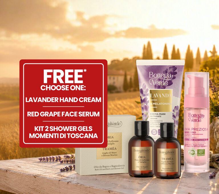 FREE LAVENDER HAND CREAM 75 ML or RED GRAPE FACE SERUM 30 ML or 2-PACK TUSCAN MOMENTS SHOWER GEL 50 ML EACH with a minimum order of 20 euros in total products
