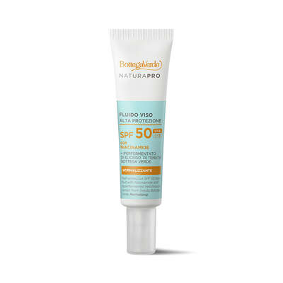 Fluido facial solar de alta protección SPF 50 - con Niacinamida e hiperfermentado de Helicriso de la finca Tenuta Bottega Verde.Normalizador (25 ml) - pieles mixtas o grasas