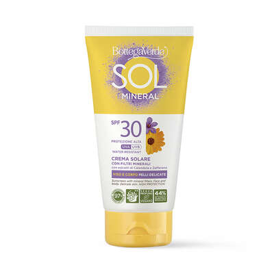 SOL Mineral - Crema solare con filtri minerali - viso e corpo - pelli delicate - con estratti di Calendula di Tenuta Massaini e Zafferano - protezione alta SPF30 - water resistant