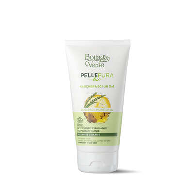 Pelle pura bio - Maschera scrub 3 in 1 - detergente, esfoliante, dermopurificante con estratto di Zenzero bio, succo e olio essenziale di Limone, acqua di Orzo bio  - pelli miste o grasse