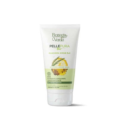 Pelle pura bio - 3-in-1 scrub mask - cleanses, exfoliates and purifies the skin, with organic Ginger extract, Lemon juice and essential oil and organic Barley water (150 ml) - combination or oily skin