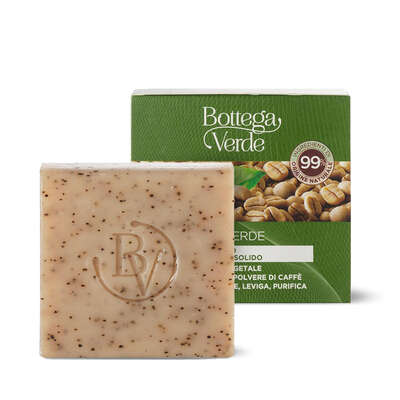 Caffè verde - Exfoliante corporal limpiador sólido - con polvos de Café y mezcla de aceites esenciales (75 g) - tonificante y alisador