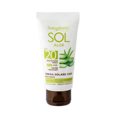 SOL Aloe - Crema solare viso - idratante lenitiva, tocco asciutto opacizzante - con succo di Aloe -  protezione media SPF20 (50 ml) - water resistant - pelli miste
