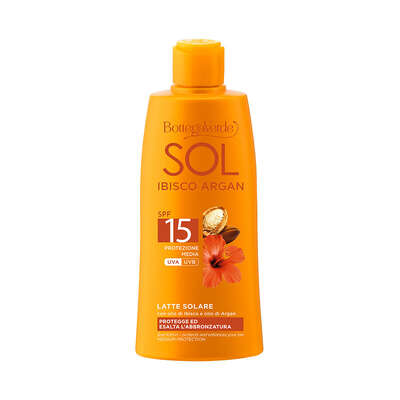 SOL Ibisco Argan - Latte solare - protegge ed esalta l'abbronzatura - con olio di Ibisco e olio di Argan - protezione media SPF15