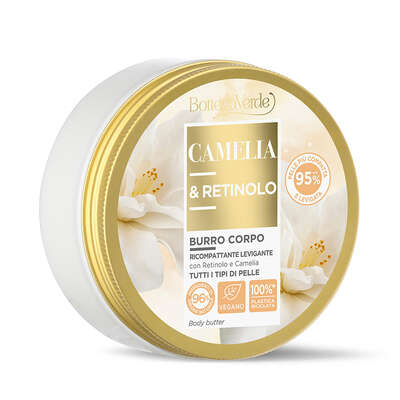 Manteca corporal - reafirmante alisadora** - con Retinol e hiperfermentado de Camelia de la finca Tenuta Bottega Verde (150 ml) - todo tipo de pieles