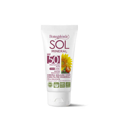 SOL Mineral - Crema solare con filtri minerali - viso - pelli delicate - con estratti di Girasole della Tenuta Bottega Verde e Fico d'India - protezione alta SPF50 - water resistant