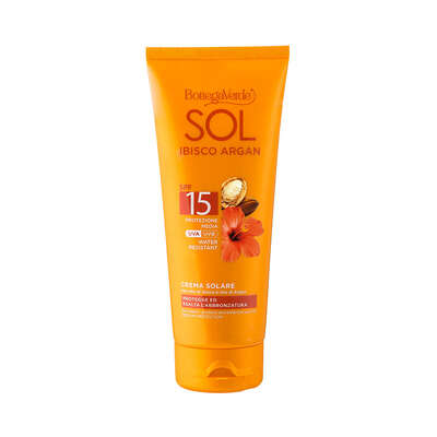 SOL Ibisco Argan - Crema solare - protegge ed esalta l'abbronzatura - con olio di Ibisco e olio di Argan - protezione media SPF15 - water resistant