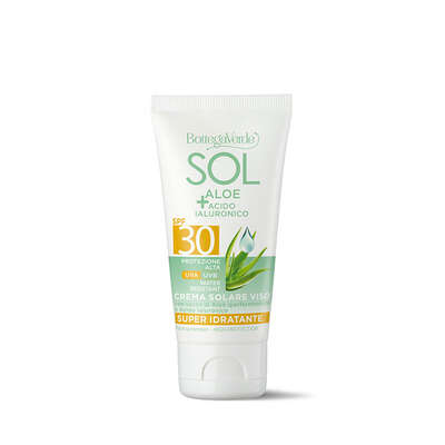 SOL Aloe Acido Ialuronico - Crema solare viso - super idratante - con succo di Aloe iperfermentato e Acido Ialuronico - protezione alta SPF30 - water resistant