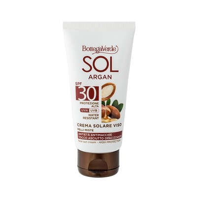 SOL Argan - Crema solar facial - antiedad y antimanchas - acabado no graso matificante - con aceite de Argán y Vitamina E - protección alta SPF30 (50 ml) - resistente al agua - pieles mixtas