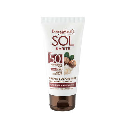 SOL Karitè - Crema solar facial - nutritiva antimanchas - con manteca de Karité - protección alta SPF50 (50 ml) - resistente al agua - pieles normales o secas