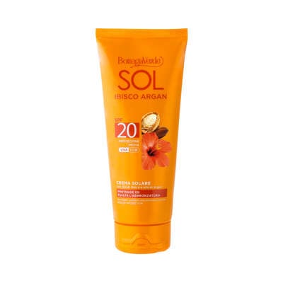SOL Ibisco Argan - Crema solare - protegge ed esalta l'abbronzatura - con olio di Ibisco e olio di Argan - protezione media SPF20