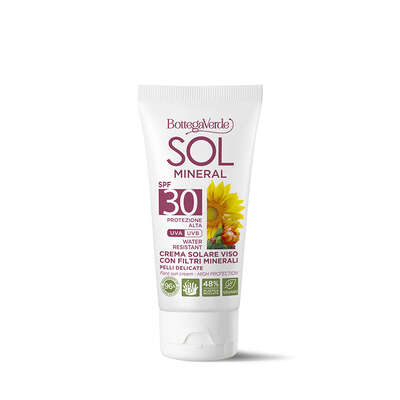 SOL Mineral - Crema solare con filtri minerali - viso - pelli delicate - con estratti di Girasole della Tenuta Bottega Verde e Fico d'India - protezione alta SPF30 - water resistant