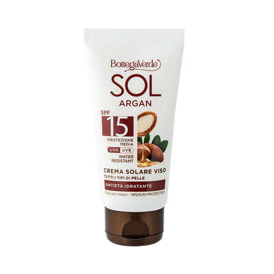 SOL Argan - Crema solare viso - antietà idratante - con olio di Argan e acido Ialuronico - SPF15 protezione media - tutti i tipi di pelle