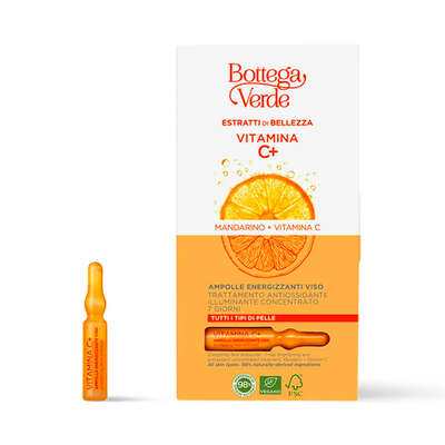 Estratti di bellezza - Vitamina C+ - Ampolle energizzanti viso - Mandarino + Vitamina C - Trattamento antiossidante illuminante concentrato 7 giorni - tutti i tipi di pelle