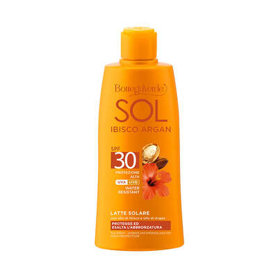 SOL Ibisco Argan - Latte solare - protegge ed esalta l'abbronzatura - con olio di Ibisco e olio di Argan - protezione alta SPF30  (200 ml) - water resistant