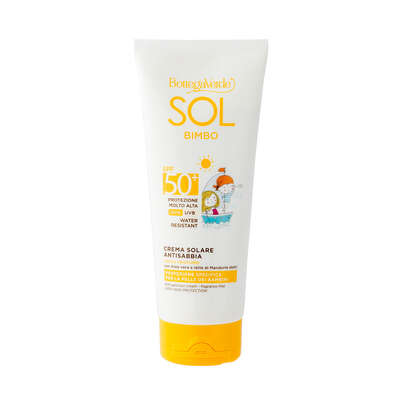 SOL bimbo - Crema solare - antisabbia, resistente all'acqua - senza profumo - con Aloe vera e latte di Mandorle dolci - protezione molto alta SPF50+  - water resistant - protezione specifica per la pelle dei bambini