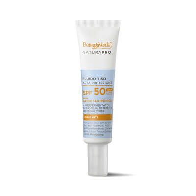 Fluido facial de alta protección SPF 50 - con Ácido Hialurónico e hiperfermentado de Camelia de la finca Tenuta Bottega Verde.Hidratante (25 ml) - todo tipo de pieles