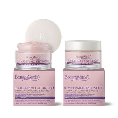 Offerta 2 pezzi Il mio primo retinolo - Crema viso giorno e notte - prime rughe, energizzante - con Pro-Retinolo, acido Ialuronico ed estratti iperfermentati di Carota e Ginseng rosso - pelli normali