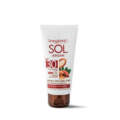 SOL Argan - Crema solare viso - antietà antimacchie - con olio di Argan e Vitamina E - SPF30 protezione alta - water resistant - pelli normali o secche