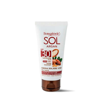 SOL Argan - Crema solare viso - antietà antimacchie '' tocco asciutto opacizzante - con olio di Argan e Vitamina E - SPF30 protezione alta - water resistant - pelli miste