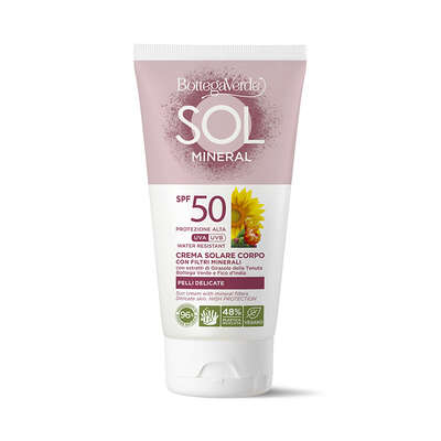 Sun cream with mineral filters - body - delicate skin - with extracts of Sunflower from Tenuta Bottega Verde and Prickly Pear - high protection SPF50 (120 ml) - water resistant