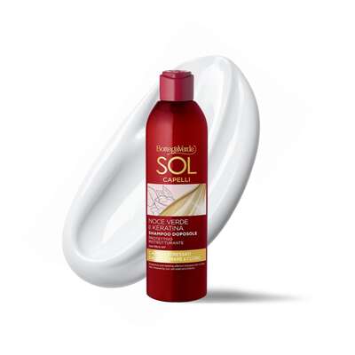 Sol Capelli - Noce verde e Keratina - Shampoo doposole - protettivo ristrutturante - con olio di Noce verde e Keratina - con filtro UV - capelli stressati da sole, mare e cloro