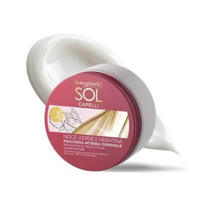 Sol Capelli - Noce verde e Keratina - Maschera intensa doposole - riparatrice protettiva - con olio di Noce verde e Keratina - con filtro UVA/UVB - capelli stressati da sole, mare e cloro