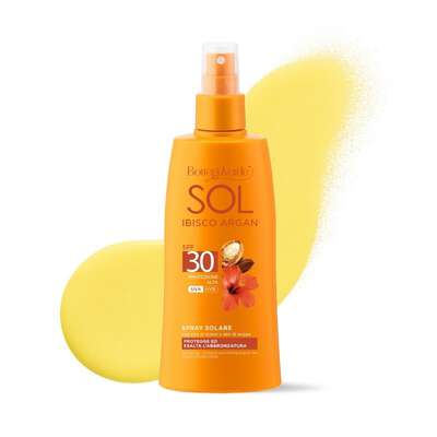 SOL Ibisco Argan - Spray solare - protegge ed esalta l'abbronzatura - con olio di Ibisco e olio di Argan - protezione alta SPF30 (200 ml)