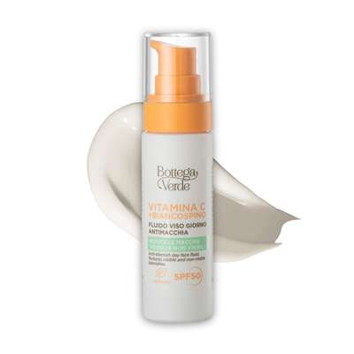 Vitamina C + Biancospino - Fluido viso giorno antimacchia SPF50 - con Vitamina C, Biancospino e Cybright - riduce le macchie visibili e non visibili
