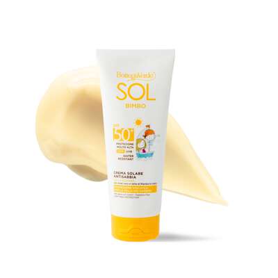 SOL bimbo - Crema solare - antisabbia, resistente all'acqua - senza profumo - con Aloe vera e latte di Mandorle dolci - protezione molto alta SPF50+  - water resistant - protezione specifica per la pelle dei bambini