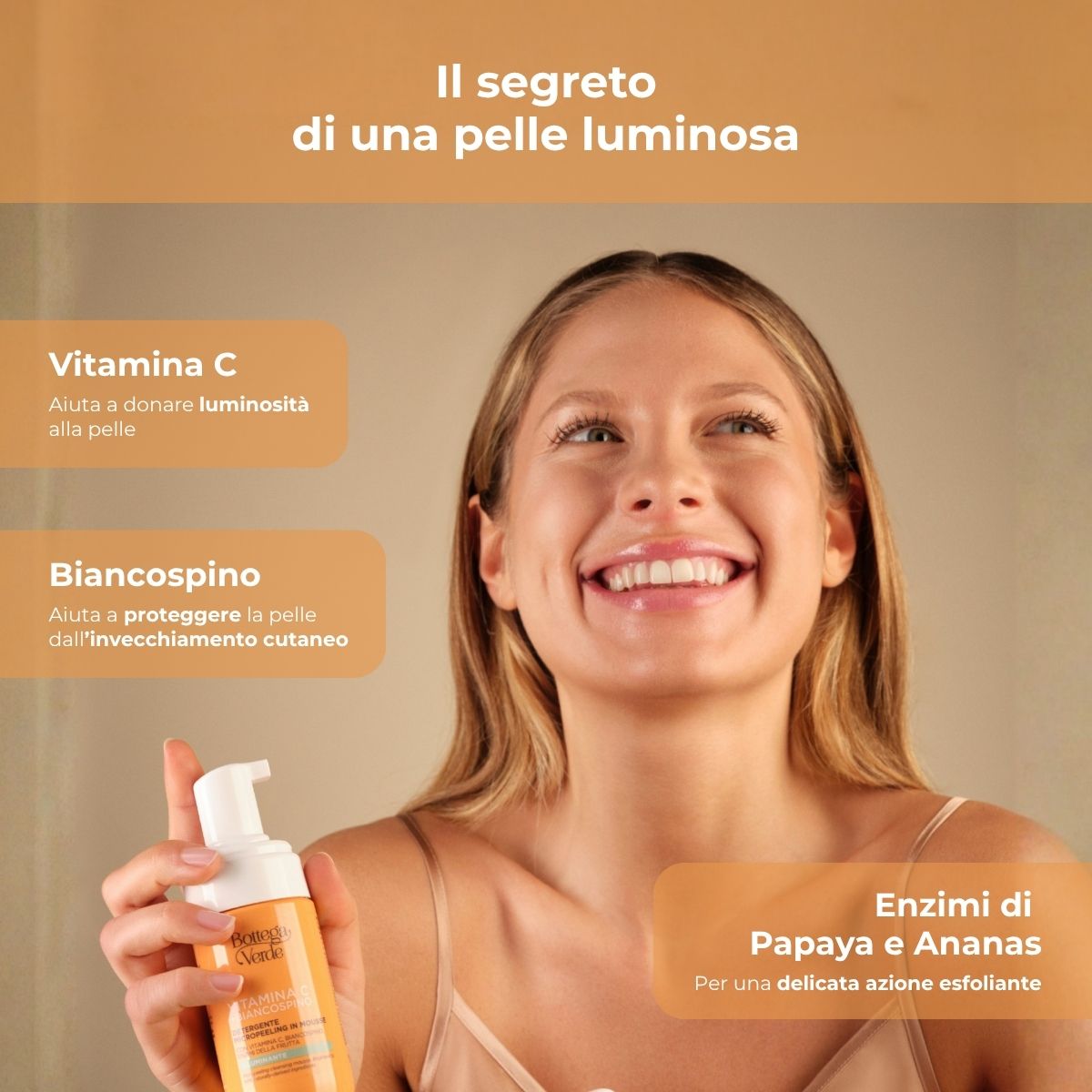Vitamina C + Biancospino - Detergente micropeeling in mousse - con Vitamina C, Biancospino e Enzimi della frutta - illuminante