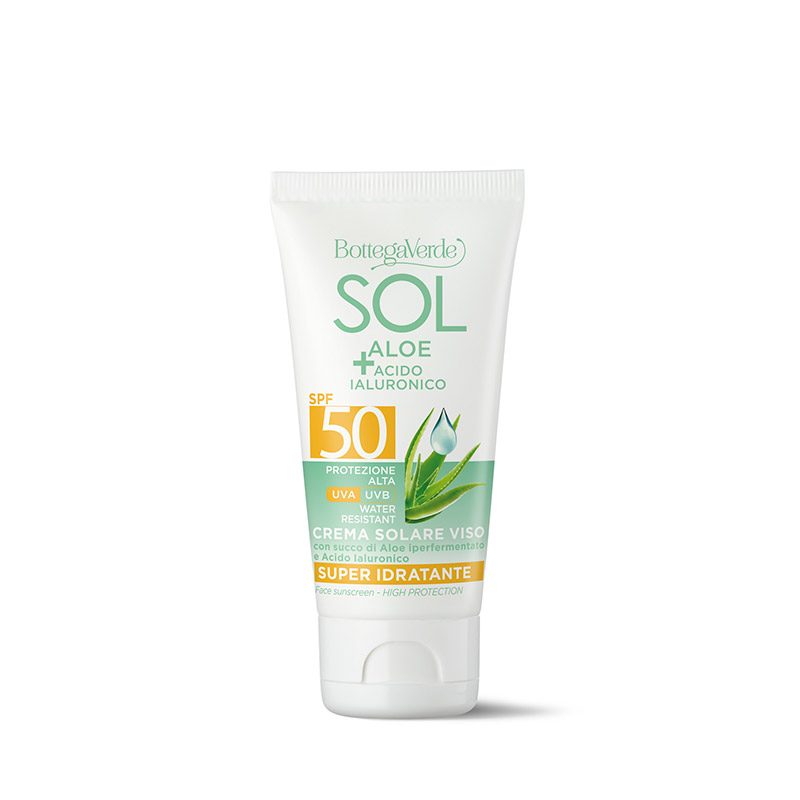 SOL Aloe Acido Ialuronico - Crema solare viso - super idratante - con succo di Aloe iperfermentato e Acido Ialuronico - protezione alta SPF50 - water resistant