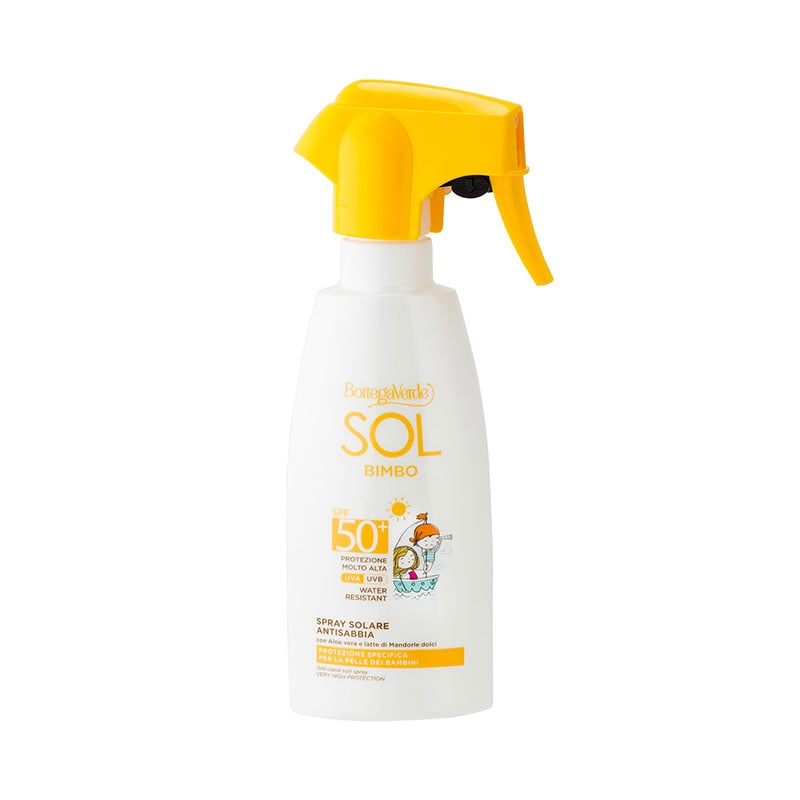 SOL para niños - Spray solar - antiarena - con Aloe vera y leche de Almendras dulces - protección muy alta SPF50+ (250 ml) - protección específica para la piel de los niños