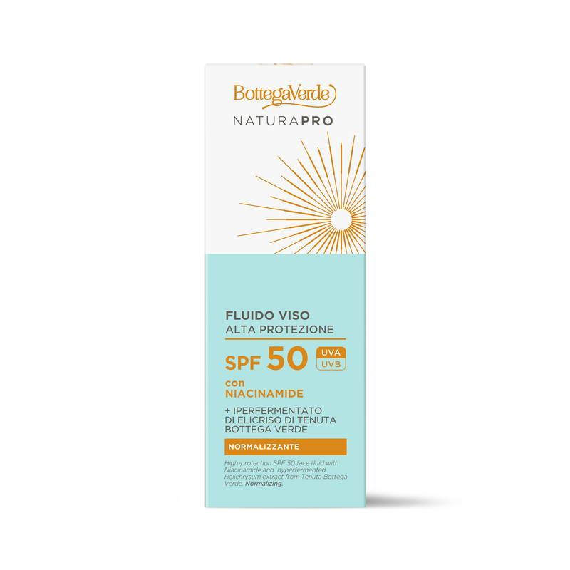 High-protection SPF 50 face fluid - with Niacinamide and hyperfermented Helichrysum extract from Tenuta Bottega Verde. Normalizing (25 ml) - combination and oily skin