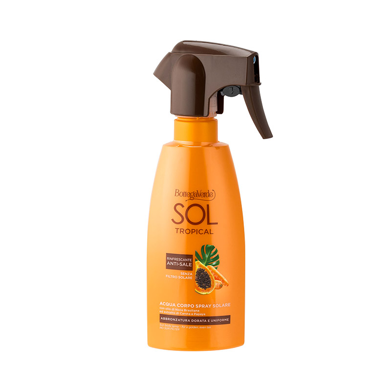 SOL Tropical - Acqua corpo spray solare - abbronzatura dorata e uniforme - con olio di Noce Brasiliana ed estratto di Carota e Papaya (200 ml) - senza filtro solare