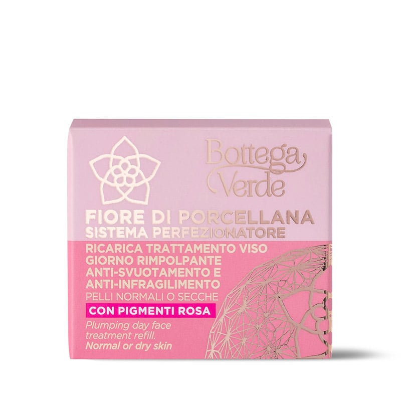 Fiore di Porcellana - Sistema perfezionatore - Ricarica Trattamento viso giorno - rimpolpante anti-svuotamento e anti-infragilimento - con pigmenti rosa - con Ceramidi vegetali, Collagene vegetale da Acacia e Fiore di Porcellana - pelli normali o secche