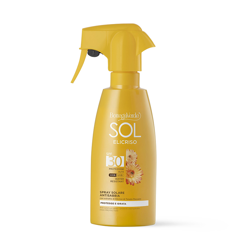 SOL Elicriso Spray solare antisabbia protegge e idrata con estratto di Elicriso di Tenuta Massaini SPF30 