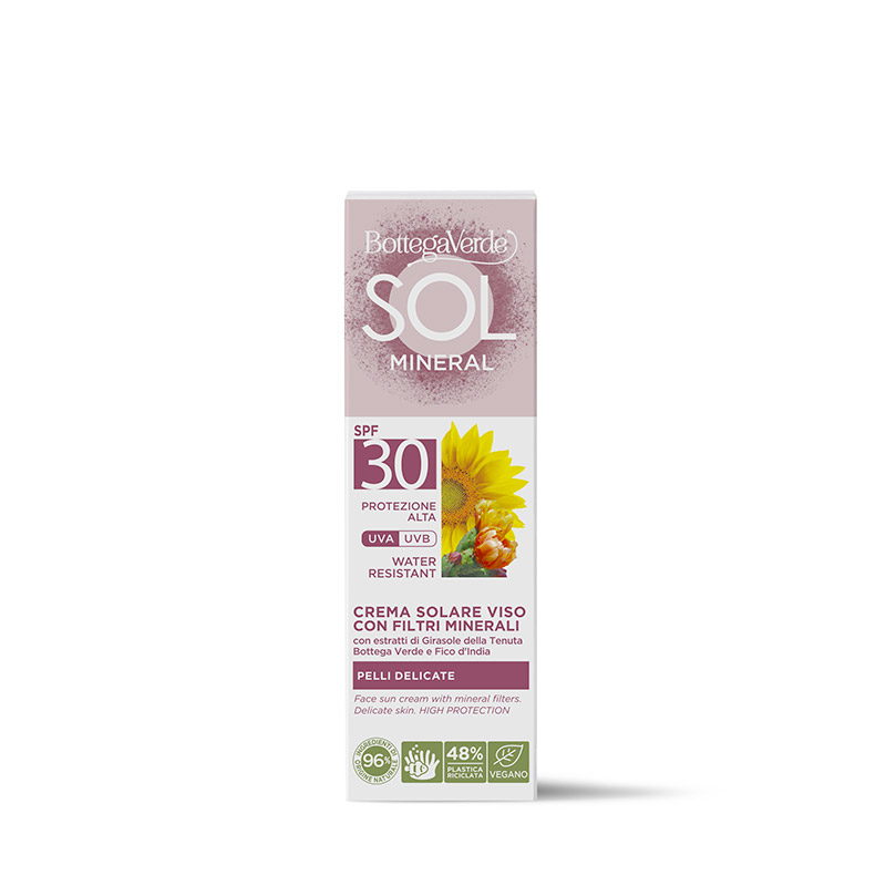 SOL Mineral - Crema solare con filtri minerali - viso - pelli delicate - con estratti di Girasole della Tenuta Bottega Verde e Fico d'India - protezione alta SPF30 - water resistant