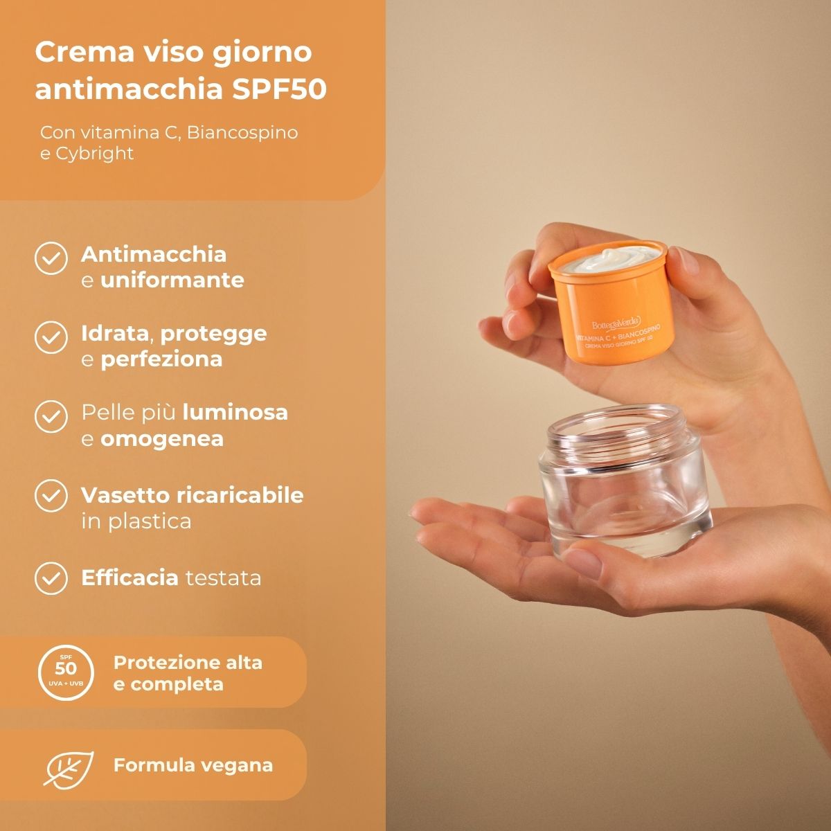 Vitamina C + Biancospino - Ricarica Crema viso giorno idratante antimacchia SPF50 - con Vitamina C, Biancospino e Cybright - riduce l'intensit&agrave; delle macchie